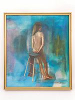 Full view front of framed oil painting depicting female nude on stool with blue-green abstract background.