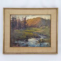 Full front view of framed painting showing landscape scene, signature and frame.