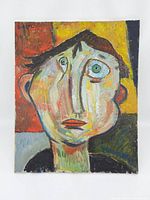 Full front view of canvas showing abstract portrait against red, yellow and green background