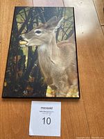 Photographic print of a deer in profile with autumn leaves background, wood floor beneath