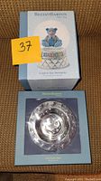 Boxed Reed & Barton Gingham Bear Waterglobe and Sweet Dreams Bowl on woven surface with lot number sticker.
