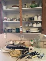 Photo of cabinet shelves with assorted plates, bowls, mugs, and Cutco cutlery knives.