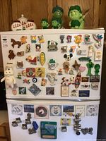 Full view of white refrigerator door covered with assorted colorful magnets featuring multiple characters and brands including Pillsbury Doughboy and Disney icons.