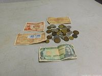 Top view of 4 foreign paper currencies and assortment of 44 varied foreign coins on a light surface.