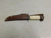Hunting knife in leather sheath lying flat.
