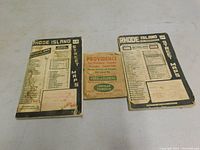 Photograph of three vintage Rhode Island street maps: two paperback style maps with black covers and one smaller folded map booklet with vintage advertisement.