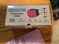 Box of 50 disposable face masks showing pink, green, black, and yellow colors on packaging.