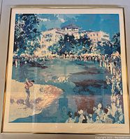 Full view of framed lithograph showing artwork with golf scene, large building, crowd, and golfer in mid swing.