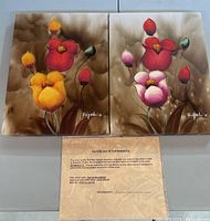 Two original canvas paintings side by side featuring stylized red, yellow, pink flowers with brown smoky backgrounds. Each signed by artist Bigshaiz. Certificate of Authenticity shown below.