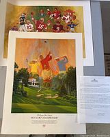 Photo showing both sports prints by Nick Leaskou. The Football print has multiple athletes in red and white uniforms. The Golf print shows four golfers swinging on a golf course with a clubhouse in the background.