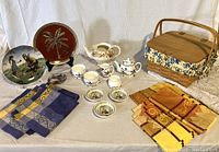 Picnic set with vintage lace tablecloth spread out, Longaberger basket, French napkins and runner, collectible plates and Coalport tea set.