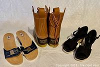 Full set of three footwear items: L.L. Bean boots, Dr. Scholl's sandals, and Silhouettes espadrilles.