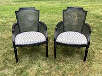 Front view of the pair of French Provincial cane-back arm chairs on grass showing the padded seats and caned backs.