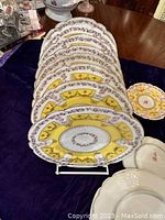 Set of 10 Richard Briggs plates showing stacked luncheon plates and a petit four plate on the side, displayed on dark purple velvet fabric.