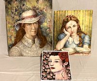 Three artworks depicting women, includes oil painting, watercolor, and print showing overall lot contents.