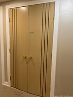 Front view of closed pair of blonde wood doors with black metal detailing and brass handles in doorway