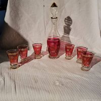 Full view of the vintage glass decanter with stopper surrounded by six matching rose-etched glasses with gold trim.