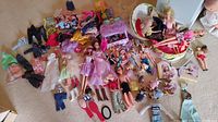 Wide view of assorted dolls, doll clothes, and accessories laid out on carpet.