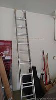 Full view of aluminum extension ladder leaning against a wall in a garage.
