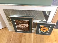 Three framed prints leaning against a wall showing a large landscape print with tree branches and two smaller floral prints in front.