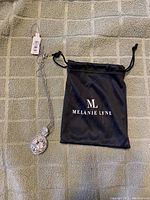 Melanie Lynn necklace with crystal oval pendant alongside branded black pouch