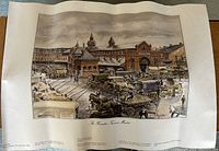 Lithograph showing the full artwork of The Hamilton Farmers Market depicting a vibrant market scene with horse-drawn wagons and detailed architectural elements.