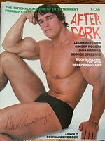February 1977 After Dark cover featuring Arnold Schwarzenegger in black briefs, autograph on cover