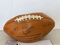 Full view of tan leather Wilson NFL football showing signatures around the logo