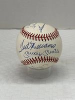 Baseball displayed on clear stand showing Ted Williams and Mickey Mantle signatures