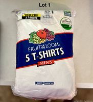 Photo of the unopened original packaging of Fruit of the Loom 5-pack men's white t-shirts, size large.