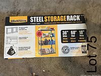 Photo of a cardboard box label showing product specifications: WorkForce Steel Storage Rack, 4-shelf, 36" W x 60" H x18" D, holds up to 2,000 lbs, steel construction with I-beams and powder coat finish.