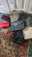 Full view of all purses, wallets, and coin pouch on floral carpet with door background