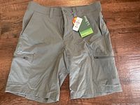 Front view of the light gray L.L.Bean shorts showing pockets and tag attached.