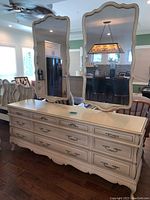 Full front view of dresser with both mirrors in place, showing overall size, finish, and proportional layout