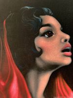 Close-up of woman's face in the velvet painting highlighting details and texture of the velvet and paint.