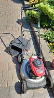 Full view of MTD Pro gas powered lawn mower with grass collection bag on pavement near garden plants.