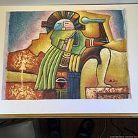 Full artwork image showing abstract geometric shapes and stylized figure in vibrant colors with textured surface.