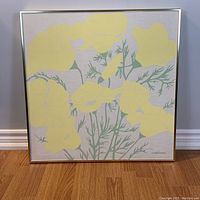 Full view of vintage Marushka print on canvas with yellow flowers and light gold frame, showing size and colors.