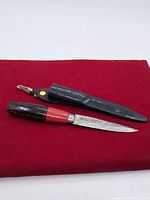 Knife displayed on red cloth with black carved sheath placed beside it.