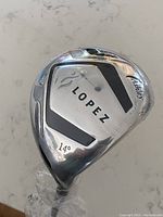 Close-up of the polished metal clubhead showing the brand LRPEZ, model Ashley, and 14 degree loft marking.