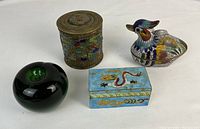 Group shot of all three cloisonne pieces with green glass apple for size reference