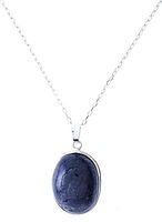 Front photo of oval cabochon cut natural blue sapphire pendant on sterling silver chain.