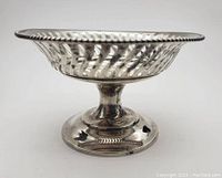 Side view of the sterling silver footed bowl showing the lattice design and pedestal base.