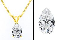 Front view of pear-shaped moissanite pendant on yellow gold chain showing gemstone cut and setting.