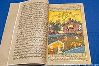 Open book showing hand written Persian script on one page and colorful painted illustration on the facing page.