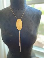 Full view of brass hammered oval plate necklace with tassel detail displayed on black mannequin.