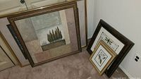 Five framed prints arranged on the floor against walls; includes a large abstract landscape print and smaller prints with natural history and botanical themes.