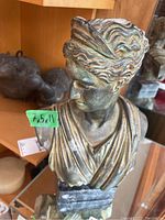 Front angled view of the bust showing detailed hair and chest draping, with a green label showing dimensions 7.5x11.