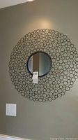 Full view of wall-mounted decorative circular mirror with metal ring frame and two geckos attached.