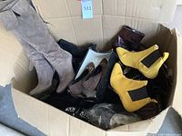 Box containing seven pairs of women’s size 8 shoes and boots